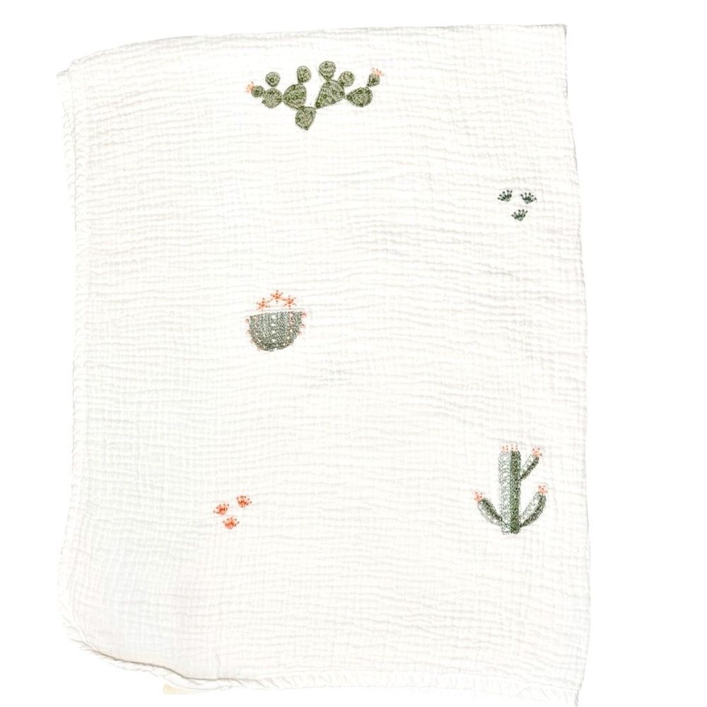 Pottery Barn Kids 100% Cotton Cactus Embroidered Lightweight 30x40 Inch Blanket.